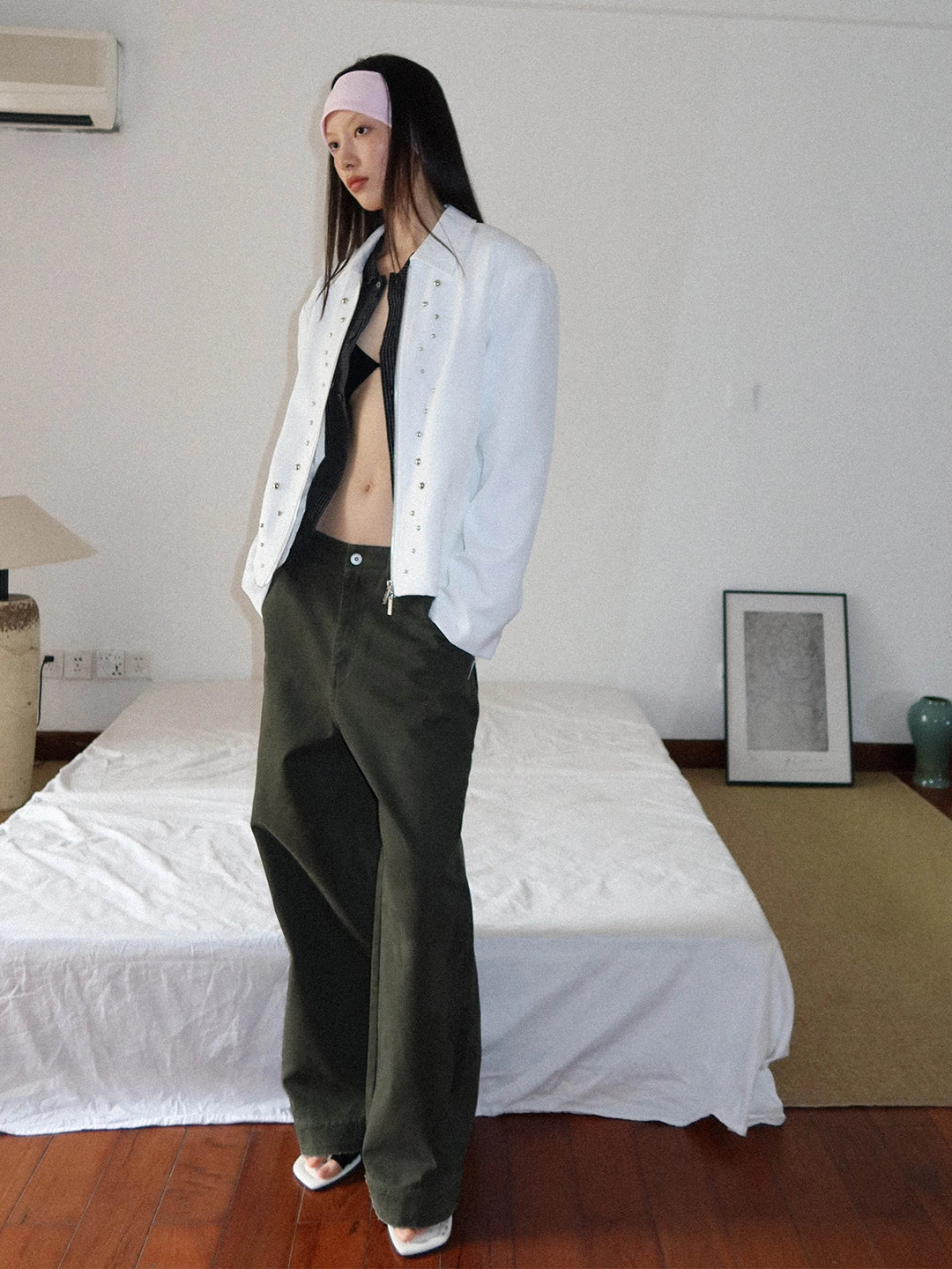 FUNKYFUN Lace Print Burrs Straight-leg Pants