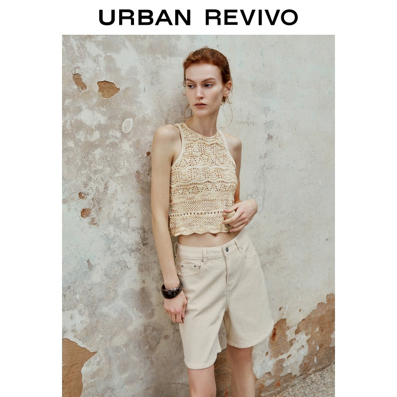 URBAN REVIVO Lazy Crochet Wavy Edge Sleeveless Knitted Sweater