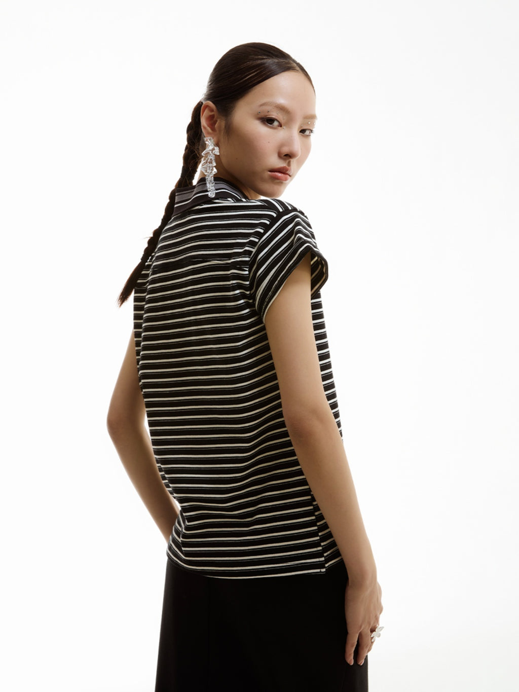 FUNKYFUN Contrast Pinstriped Lapel Tee