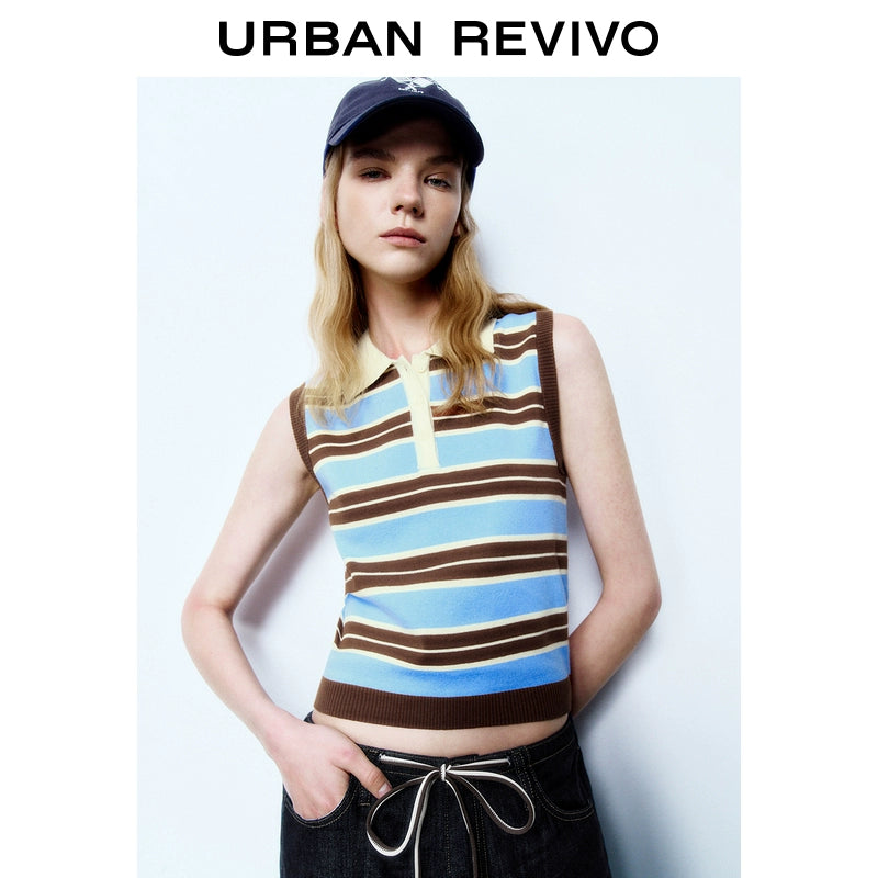 URBAN REVIVO College Contrast Striped Button Sleeveless Knitted Sweater