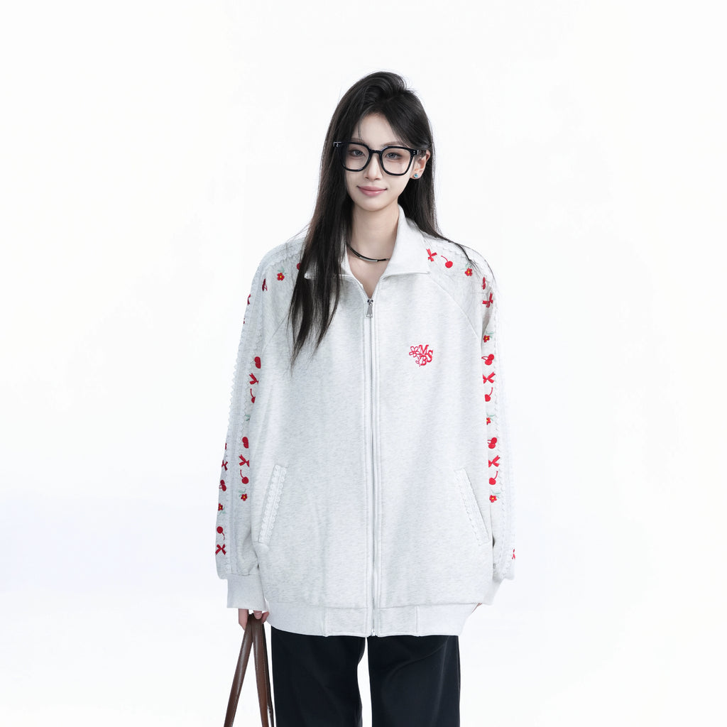 Zuocisankon Vintage Cherry Bow Embroidered Cardigan Sweater