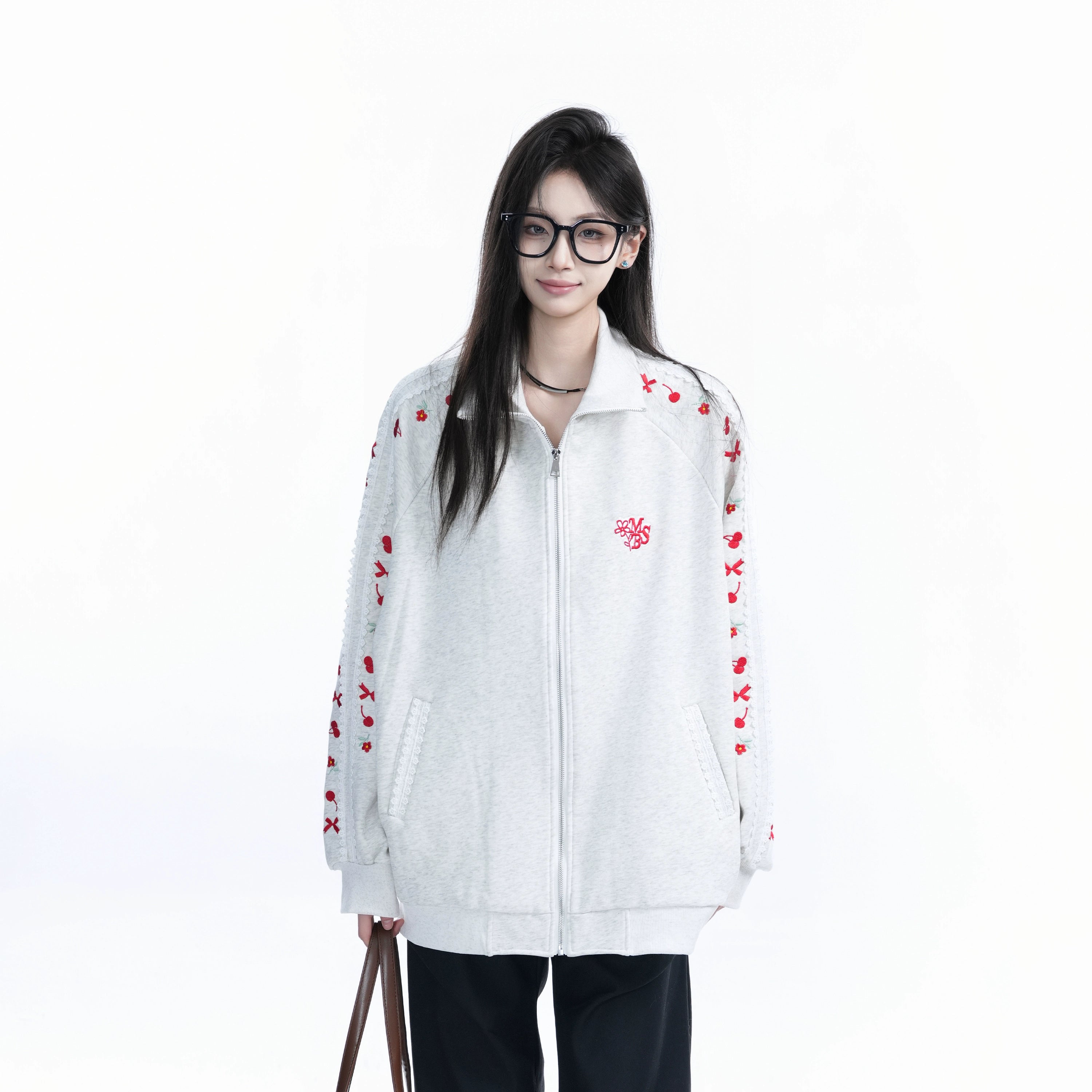Zuocisankon Vintage Cherry Bow Embroidered Cardigan Sweater
