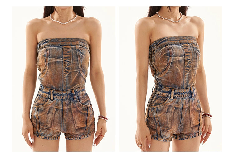 Zero Sleeveless Tube Top Denim Jumpsuit Shorts