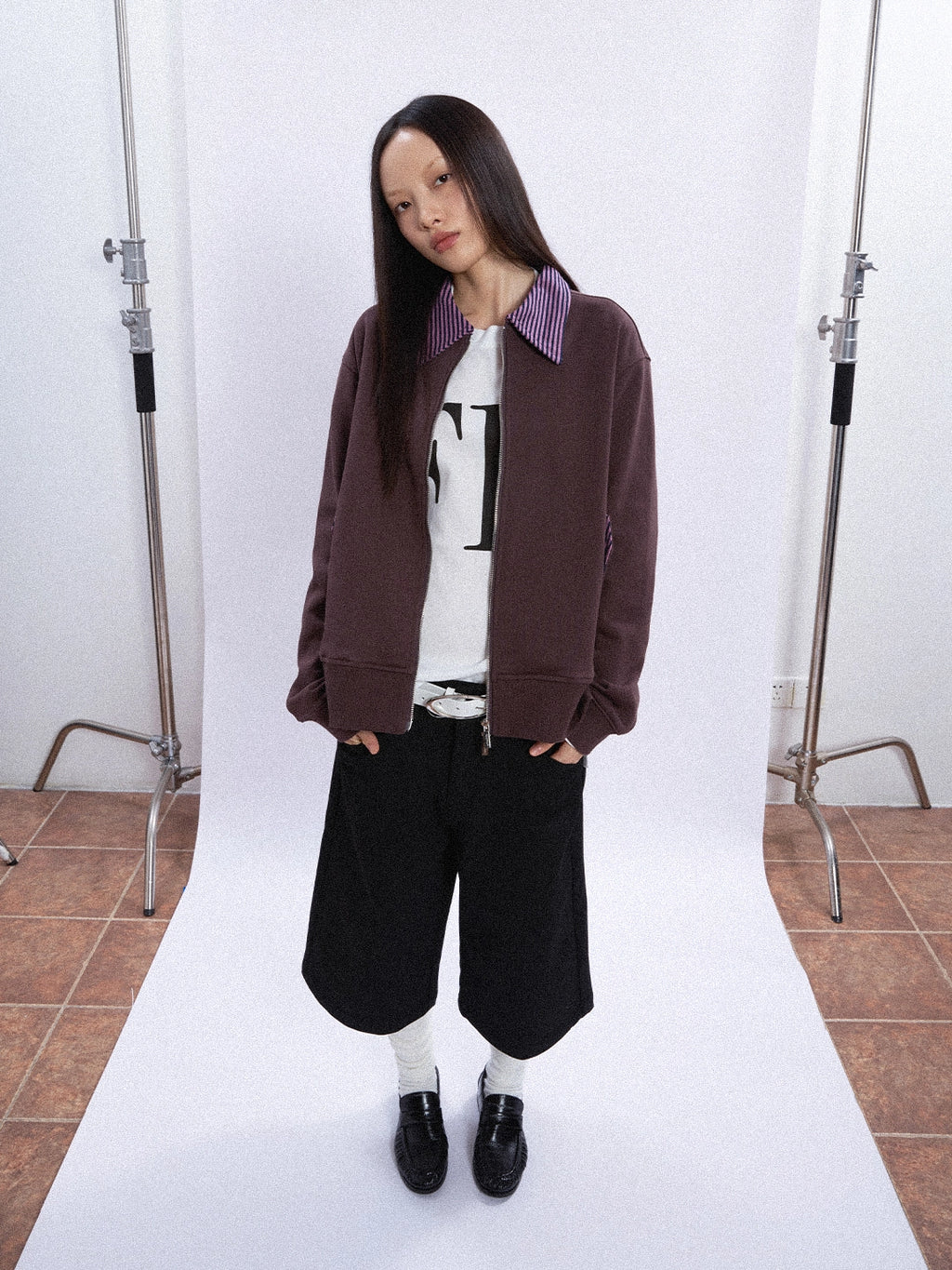 FUNKYFUN Contrasting Striped Spliced Lapel Loose Sweater Jacket