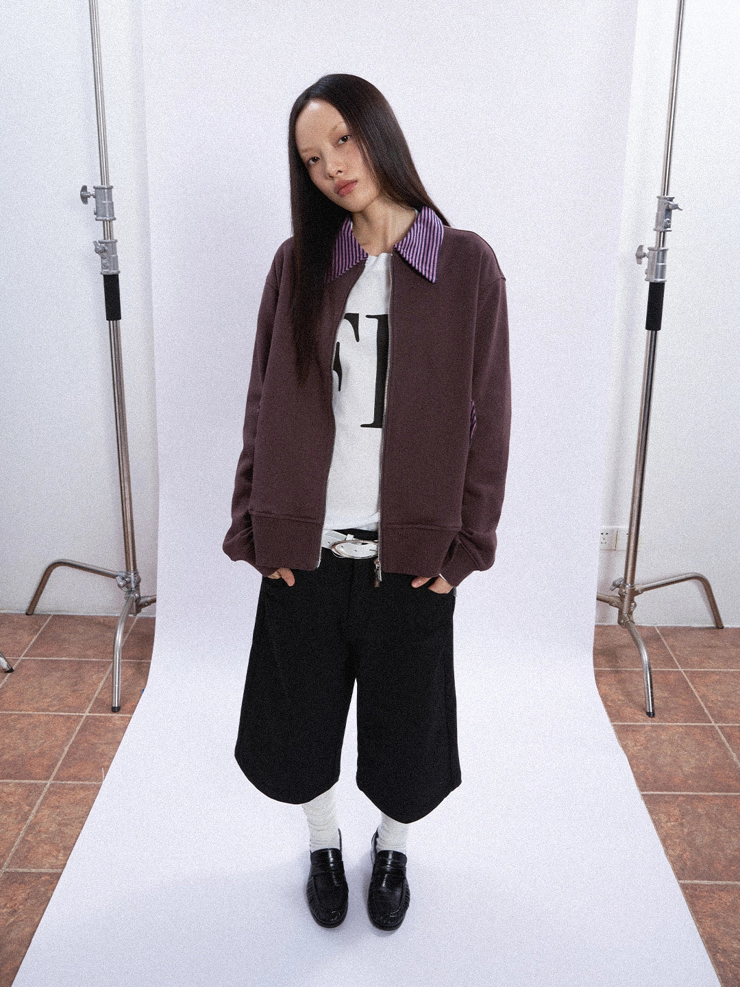 FUNKYFUN Contrasting Striped Spliced Lapel Loose Sweater Jacket