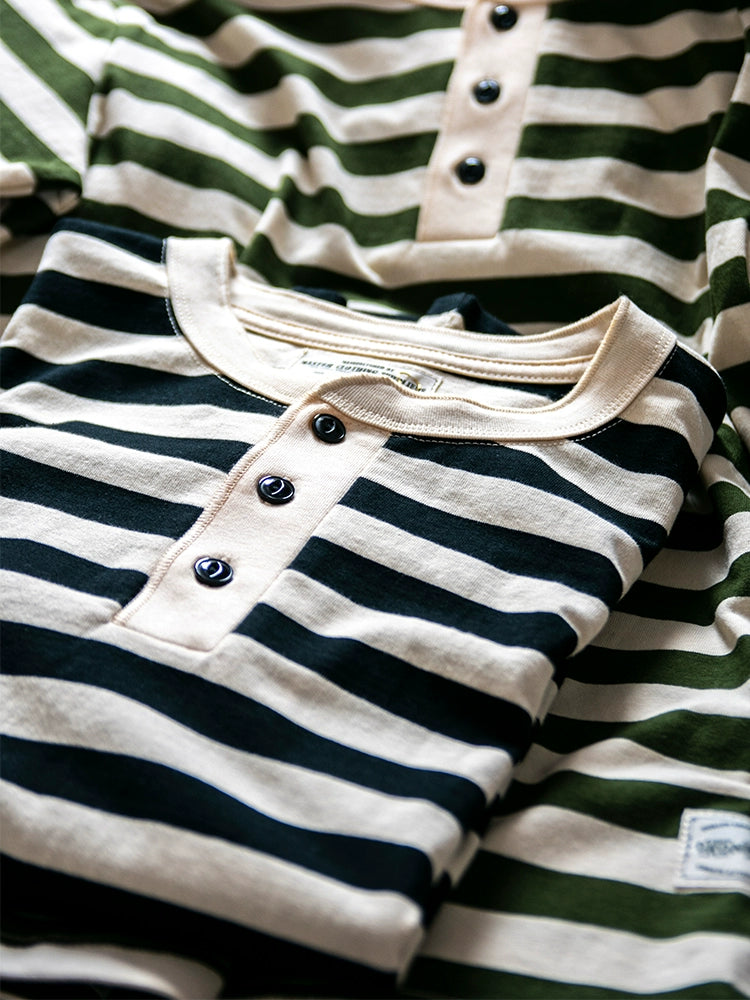 PrintAce Vintage Knitted Striped Henry Collar Button Tee