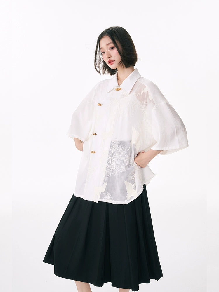 YEDM Crane Embroidered Spliced Bamboo Button Shirt