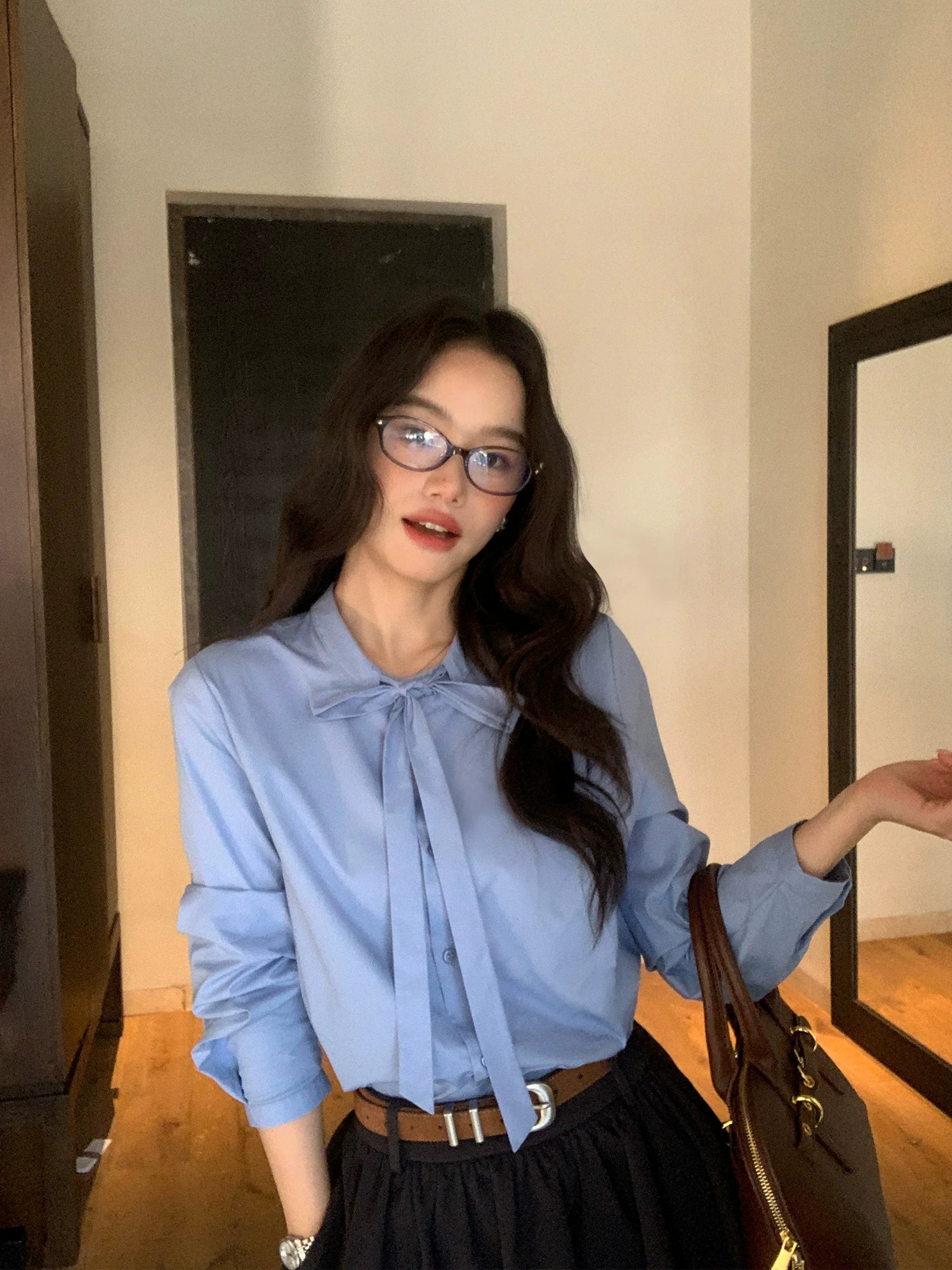 Pusumede Bow Strap Striped Shirt