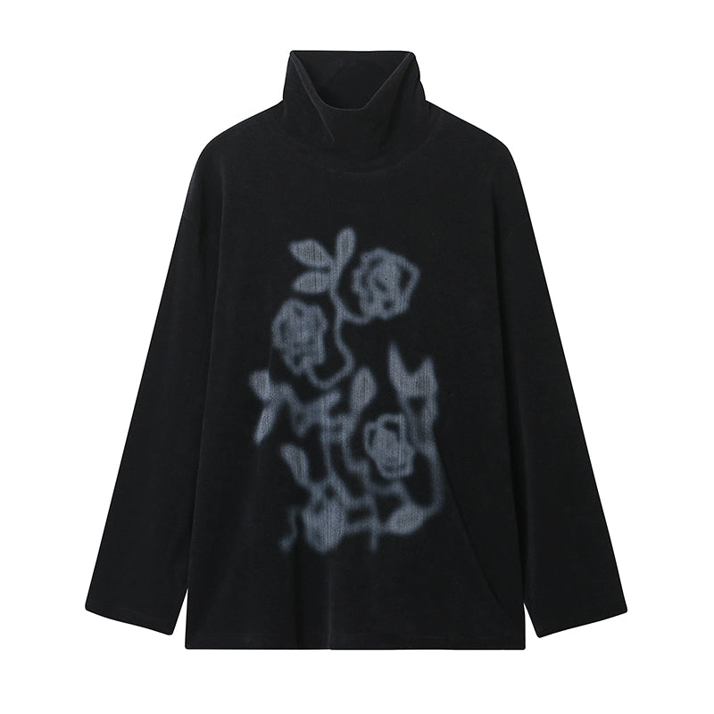 PHYS Semi-turtleneck Loose Versatile Rose Print Long Sleeve