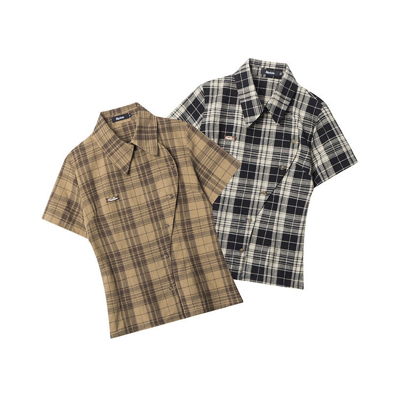Nariele New Chinese Button College Plaid Short Sleeve Shirt