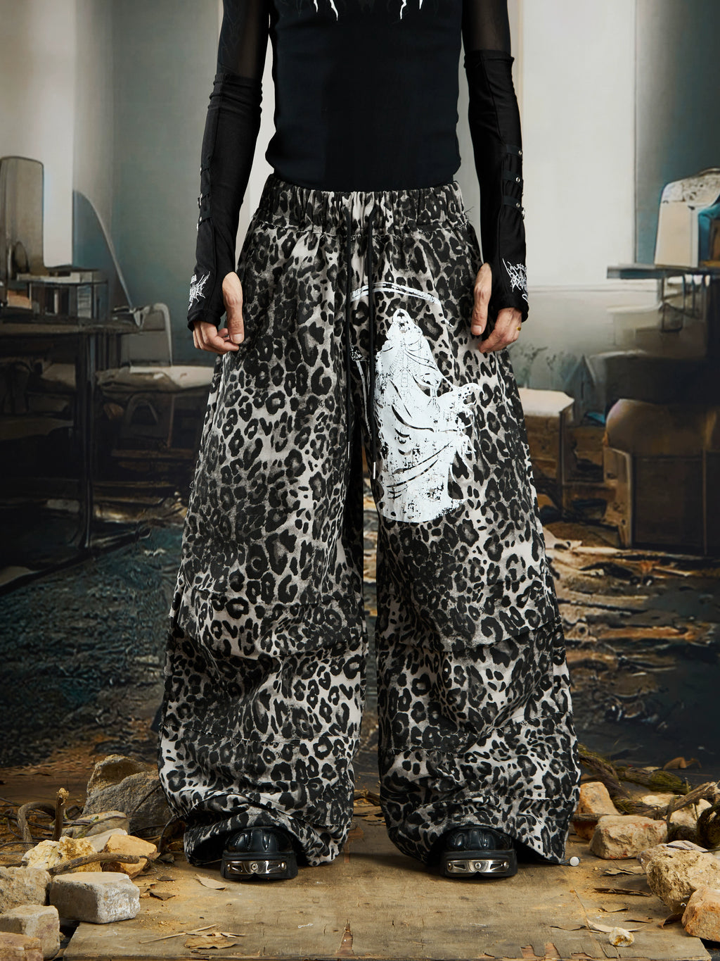 NOMANIAI Niche Leopard Print Loose-fitting Wide-leg Slacks