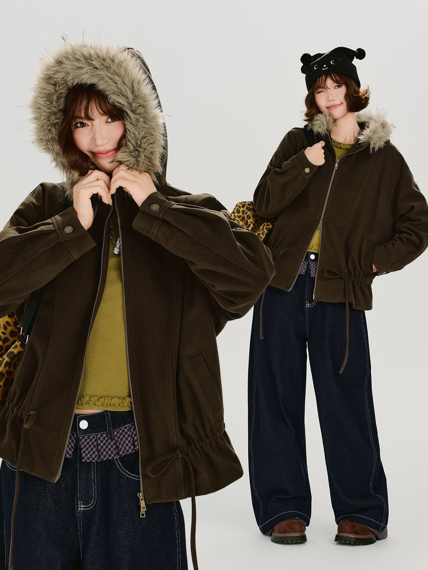 Girlyhalo Drawstring Hooded Fur Collar Jacket