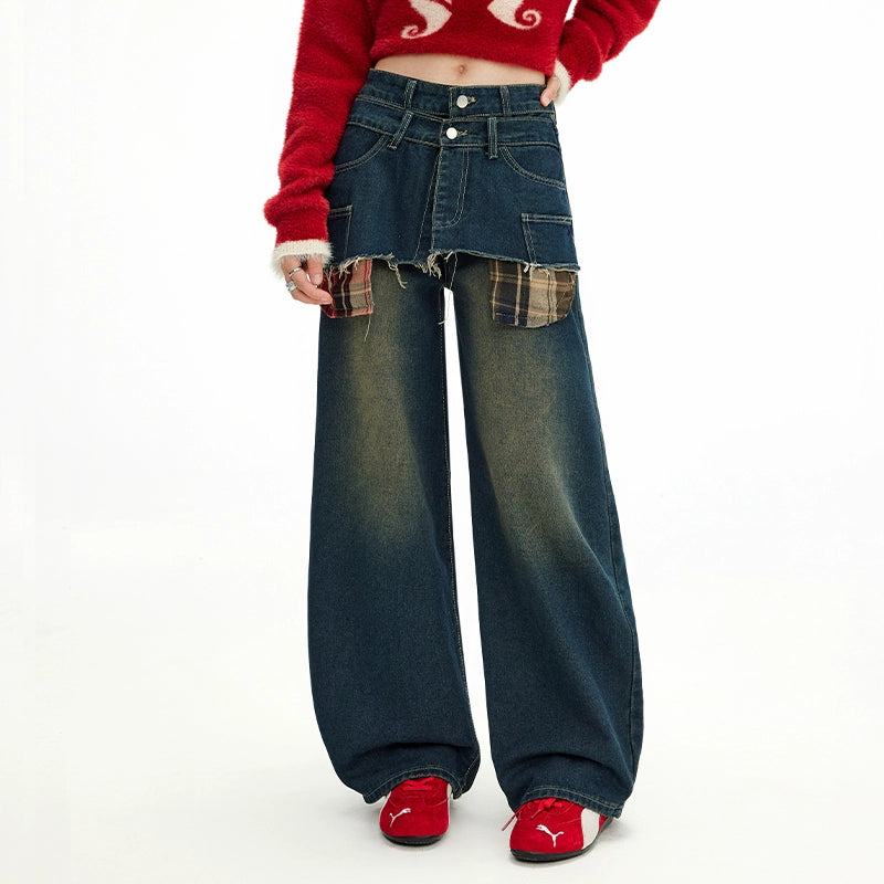 UNIFREE Fake Two-piece Stacked Straight Jeans