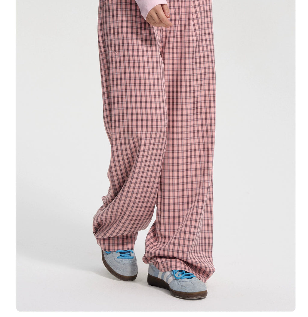 NICEBAD Flower-embroidered Plaid Trousers
