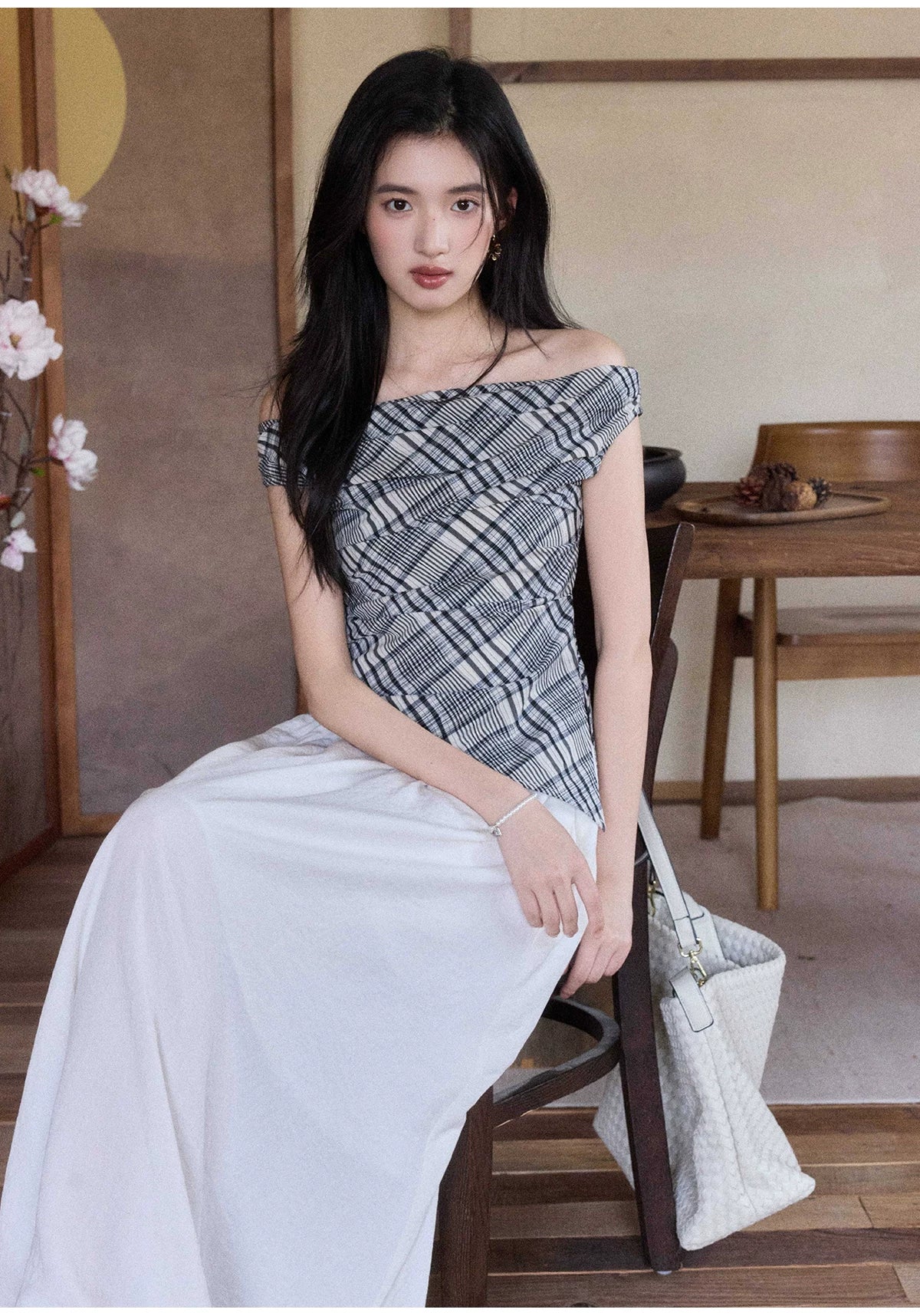 TYANG Retro Plaid Shoulder Top