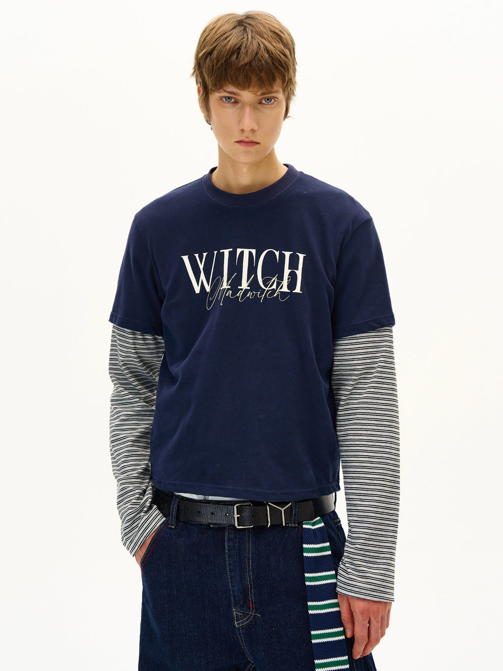 MADWITCH Striped Fake Two Piece Print Long Sleeve
