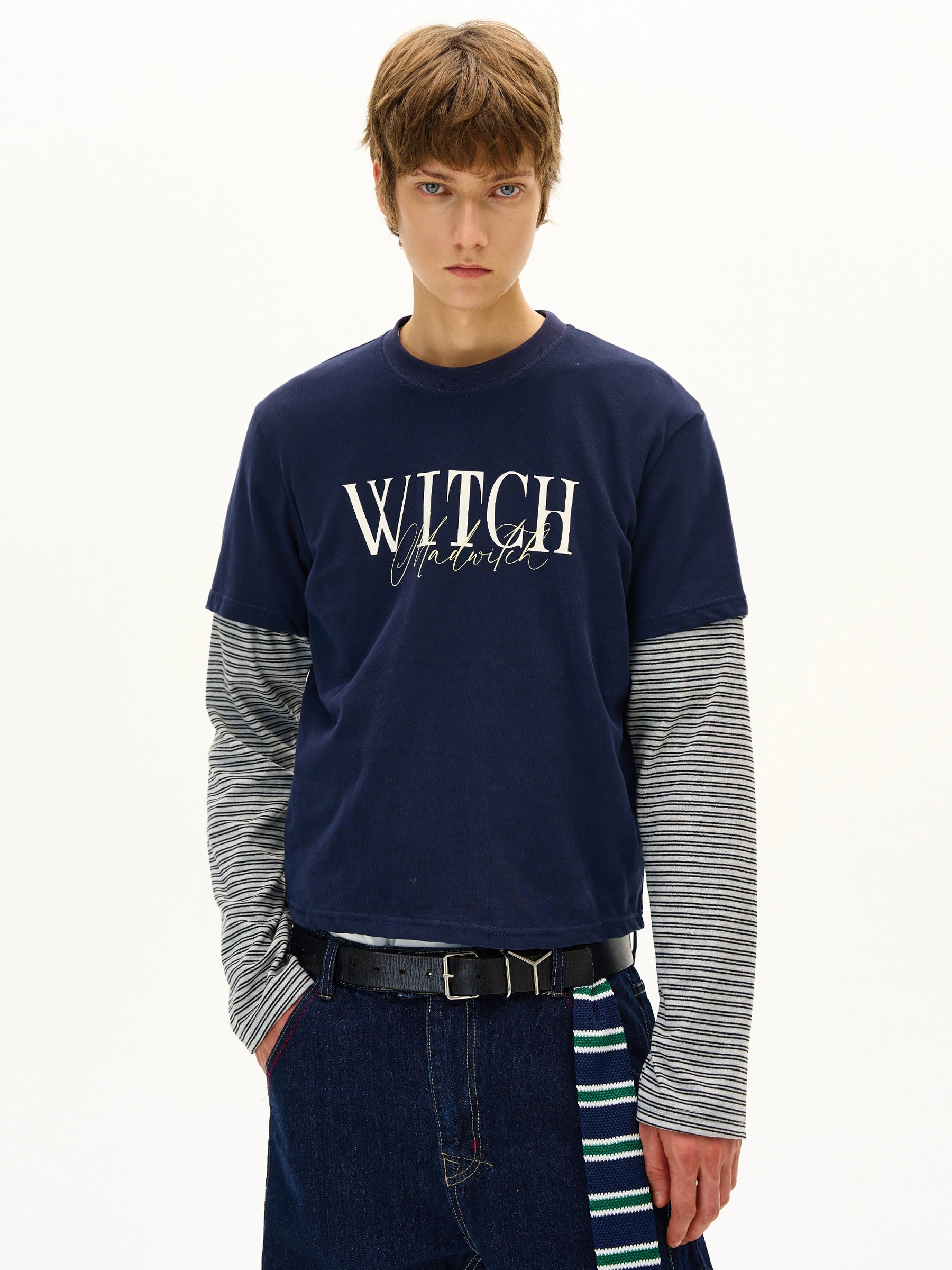 MADWITCH Striped Fake Two Piece Print Long Sleeve