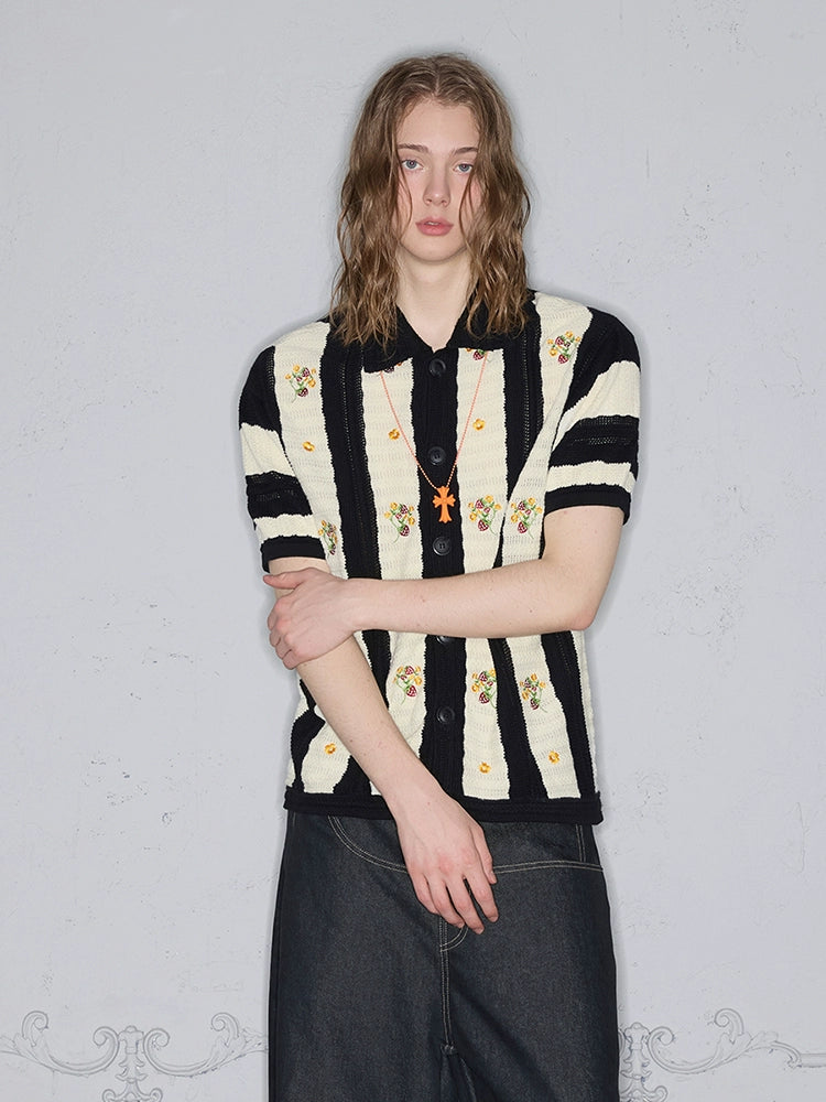 Rocawear Strawberry Flower Embroidered Knitted Short Sleeve Shirt