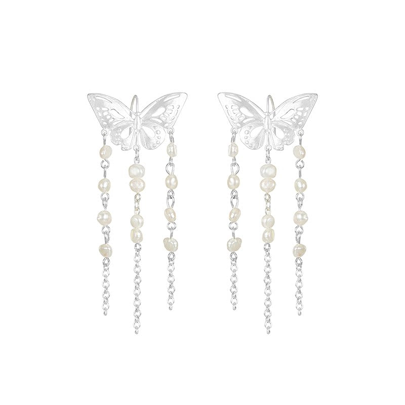 NO SOLUTION Pearl Tassel Butterfly Stud Earrings