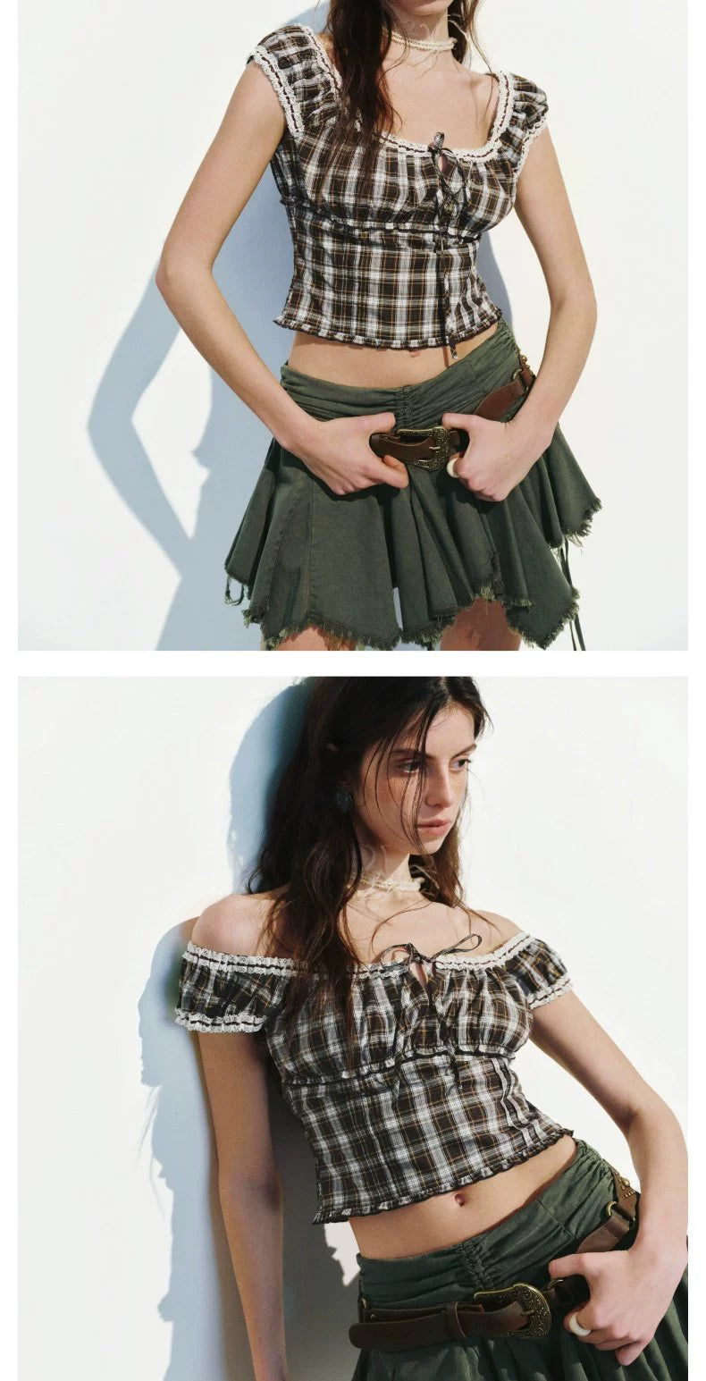 URBAN REVIVO Lace Fungus Edge Contrasting Plaid Blouse Shirt