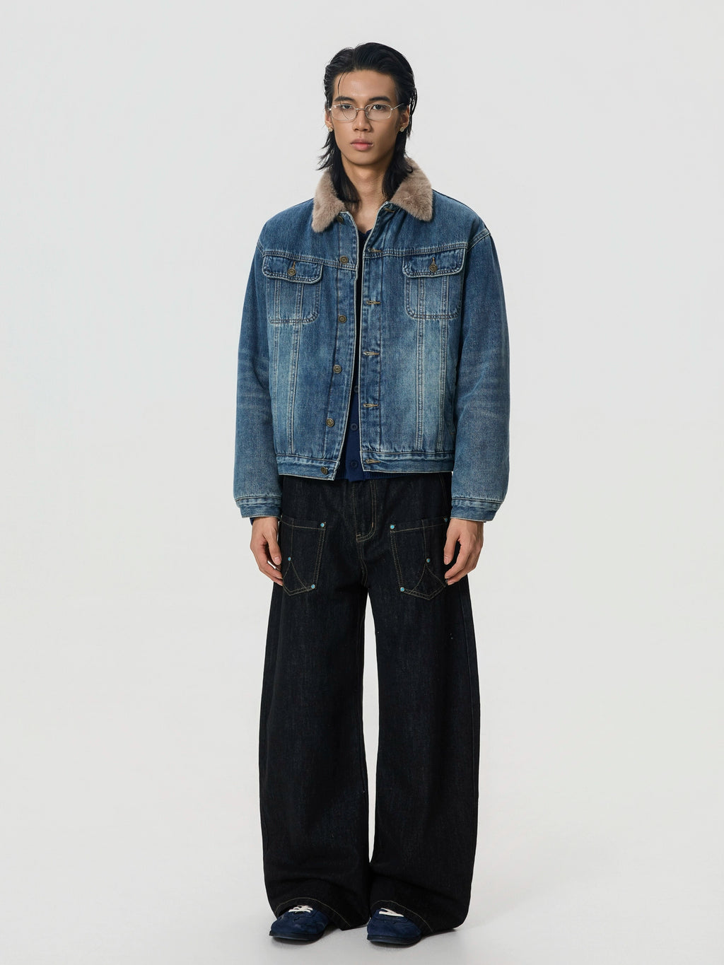 BTSG Vintage Stitching Turquoise Crash Nailed Jeans