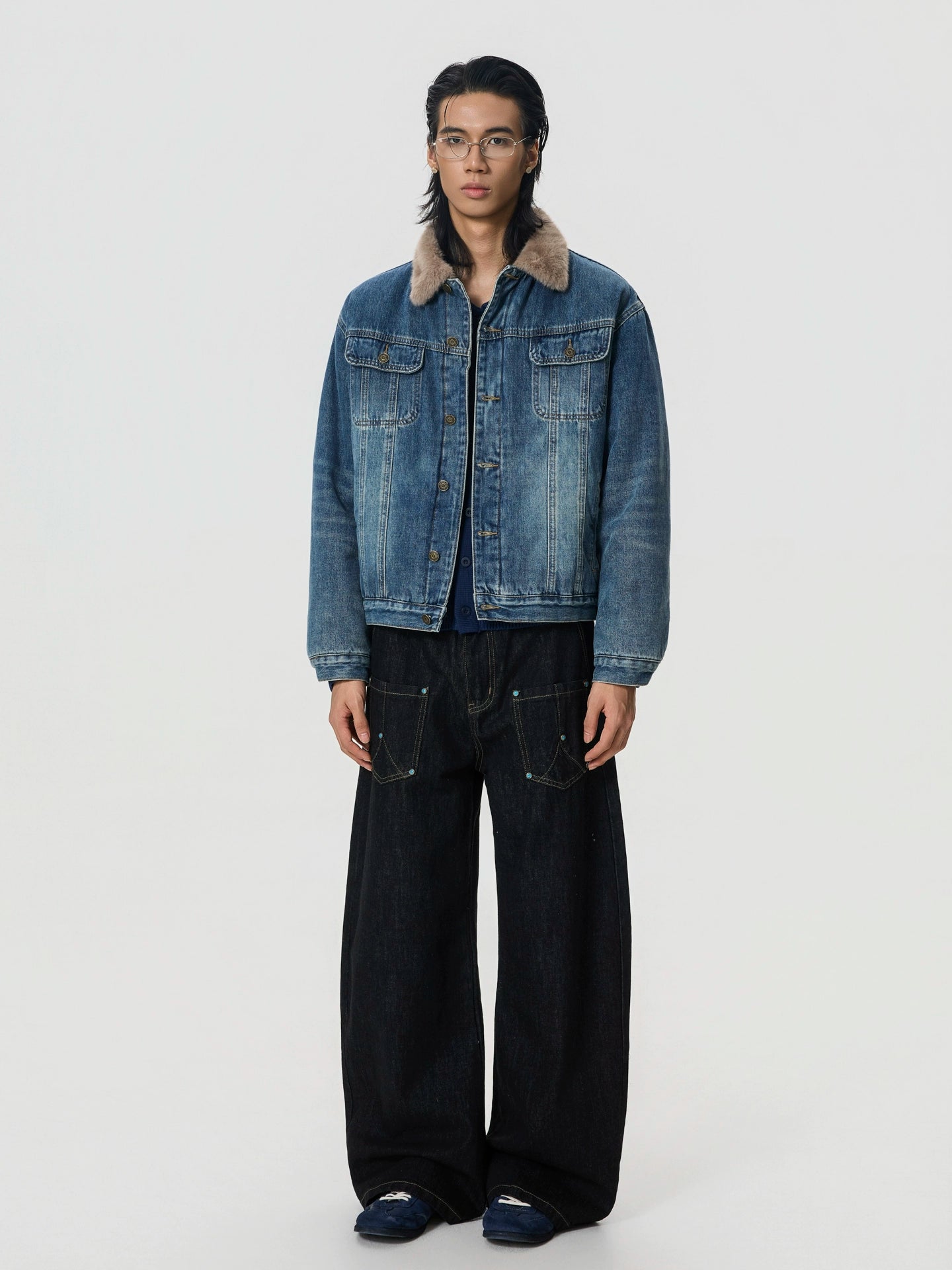 BTSG Vintage Stitching Turquoise Crash Nailed Jeans