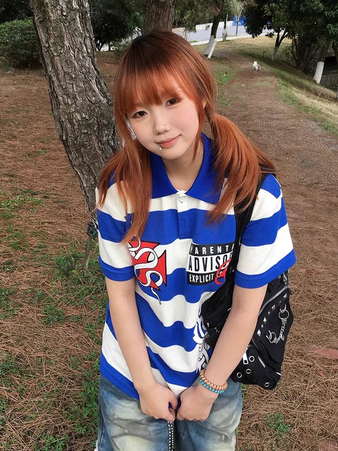 4AM Spoof Niche Print Striped Polo Shirt