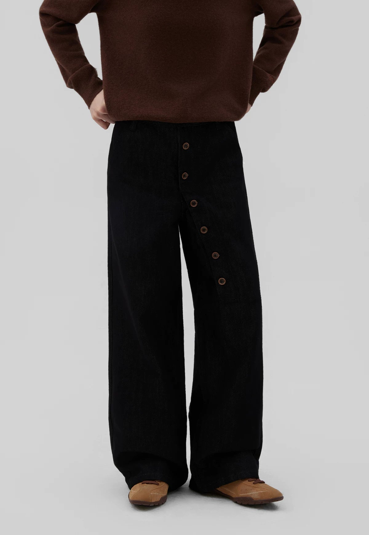 Sameuoo Asymmetrical Breasted Denim Straight-leg Pants