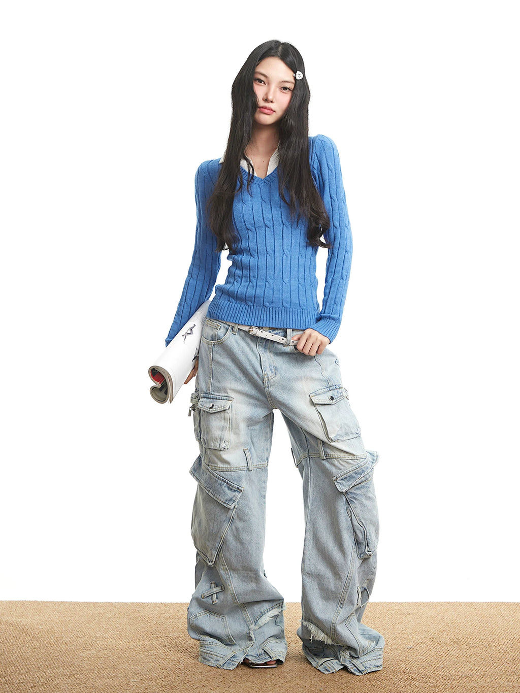 UNCMHISEX Fake Two-piece V-neck Slim-fitting and Thin Knitted Sweater