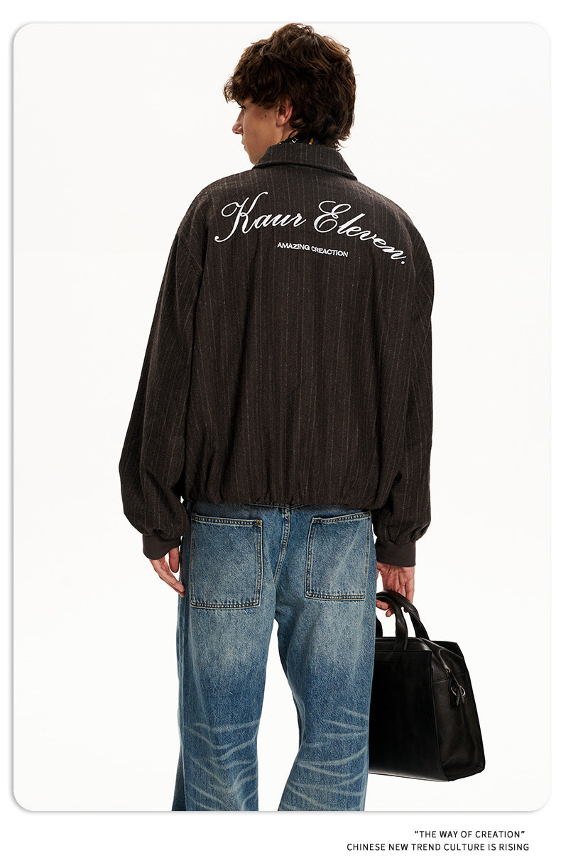 11KN Vintage Striped Short Wide Letter Embroidered Jacket