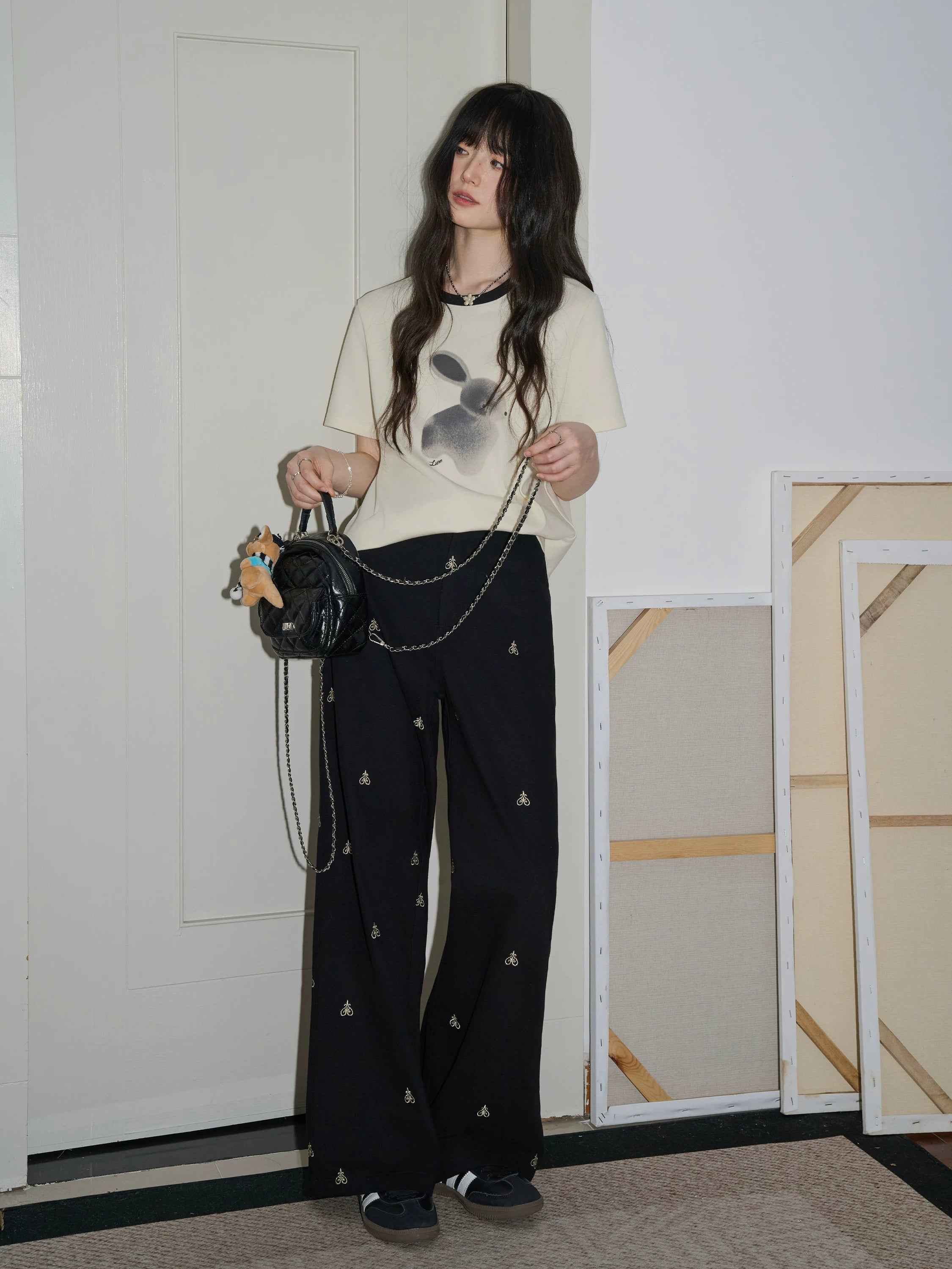 XUJING High-waisted Straight-leg Embroidered Slacks