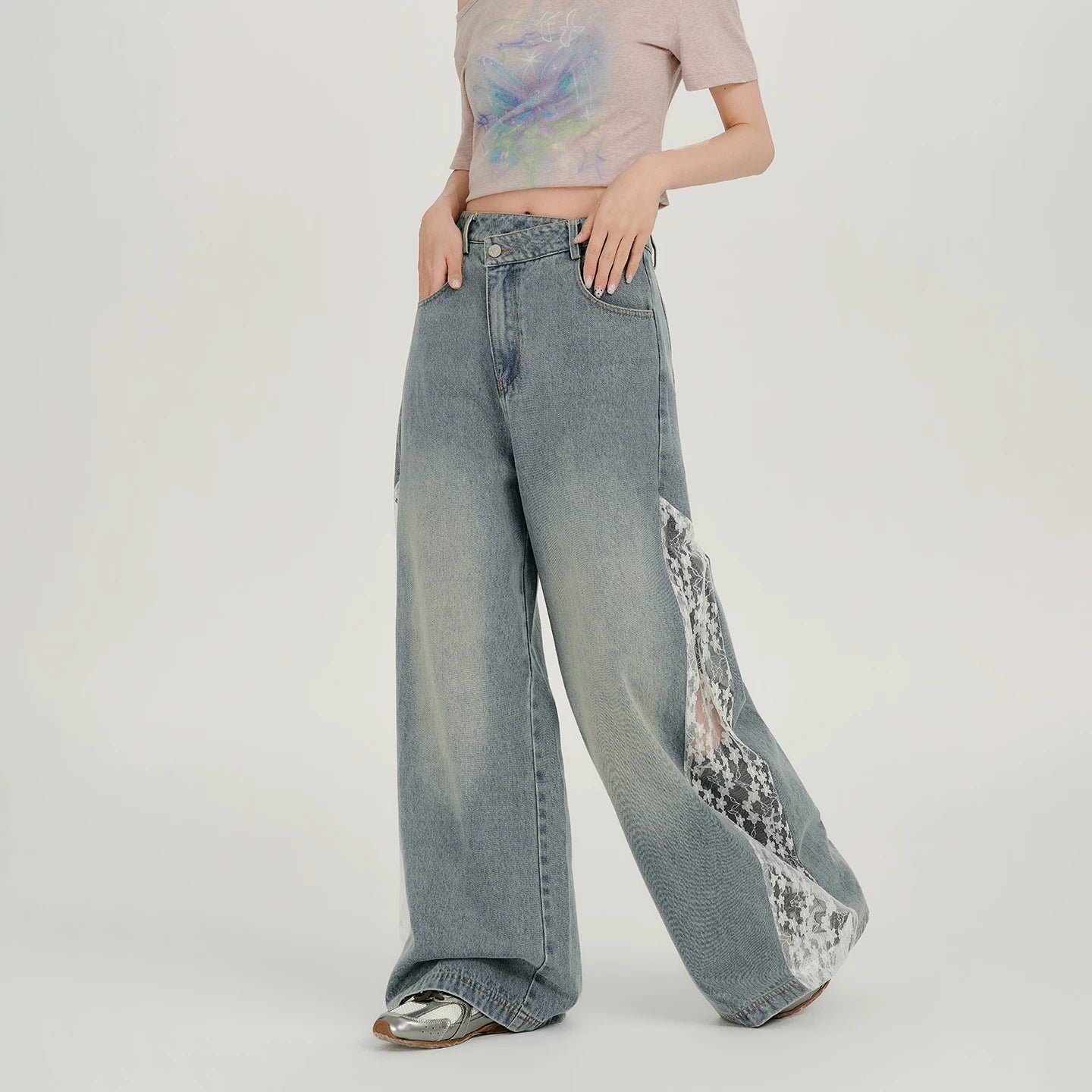 Girlyhalo Vintage Lace Patchwork Wide Leg Jeans