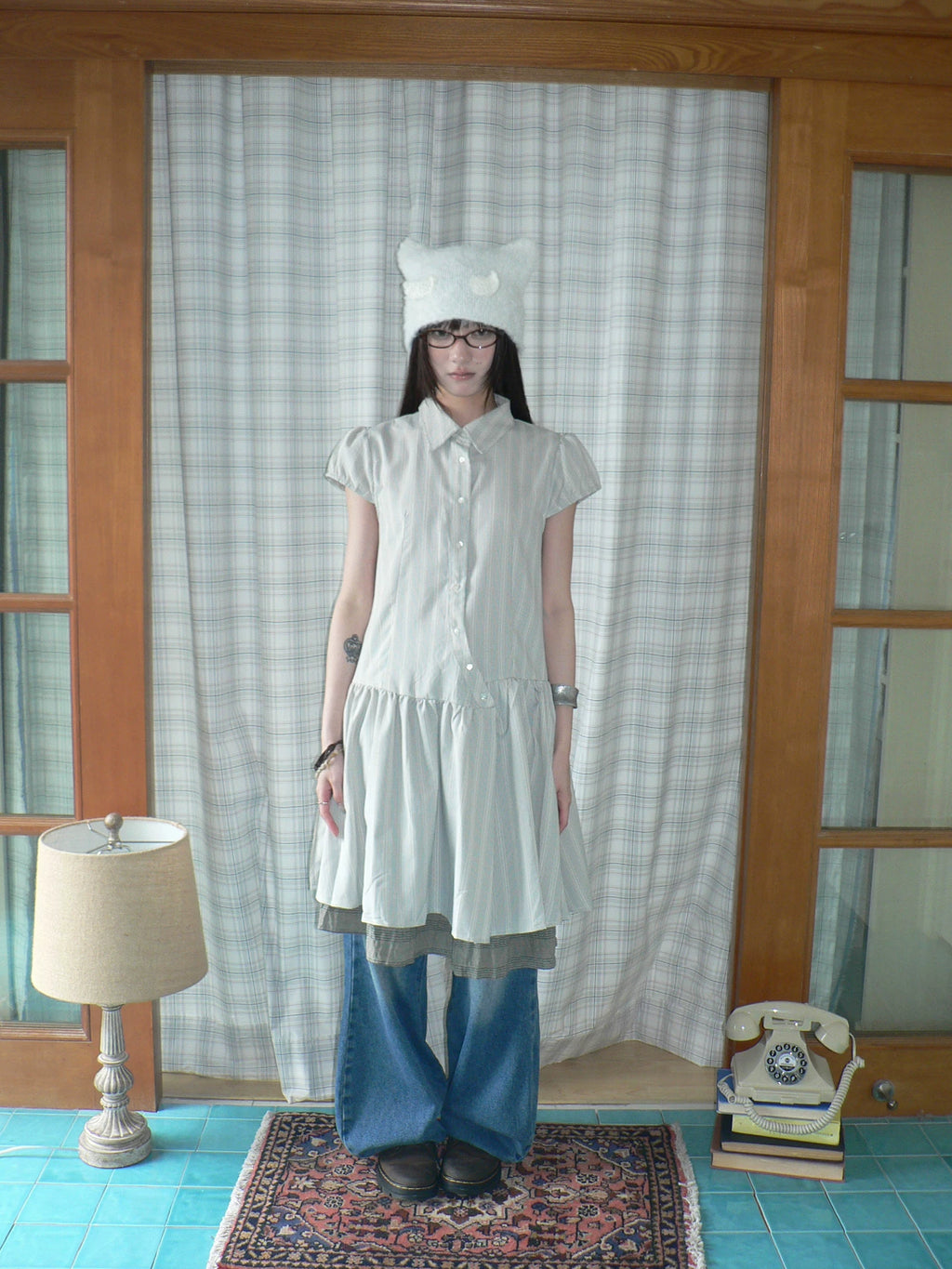 Ang: Project Vertical Striped Bubble Sleeve Lapel Dress