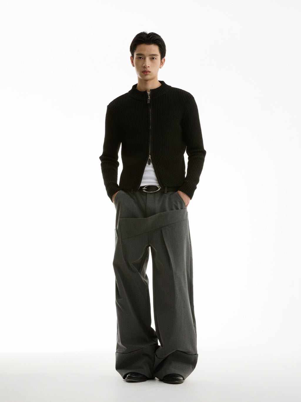 FUNKYFUN Pit Strip Texture Stand-up Collar Slim-fit Knitted Jacket