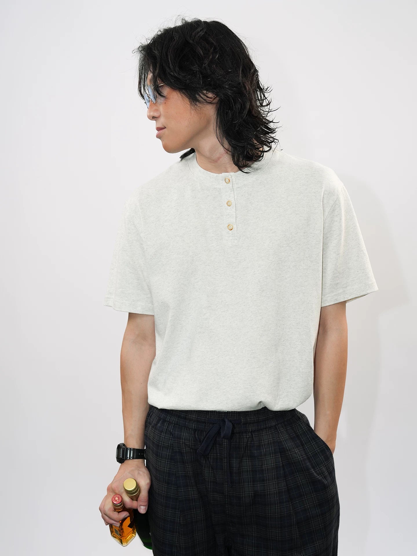 O3PARK Vintage Loose Henry Collar Knitted Tee