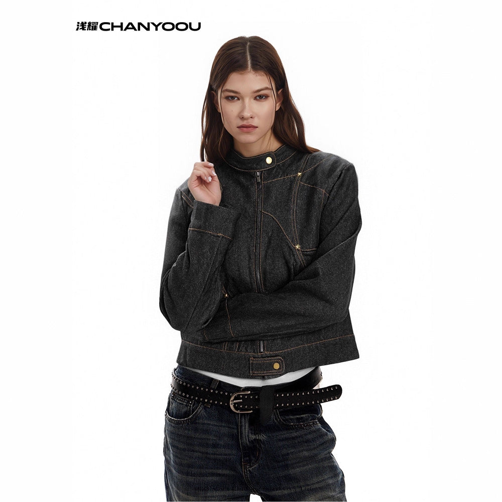 CHANYOOU Vintage Stand-up Collar Deconstructed Denim Jacket