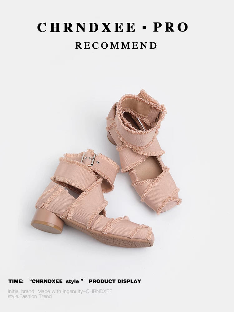 CHRNDXEE low-heeled vintage fringed cross-strap Mary Jane shoes