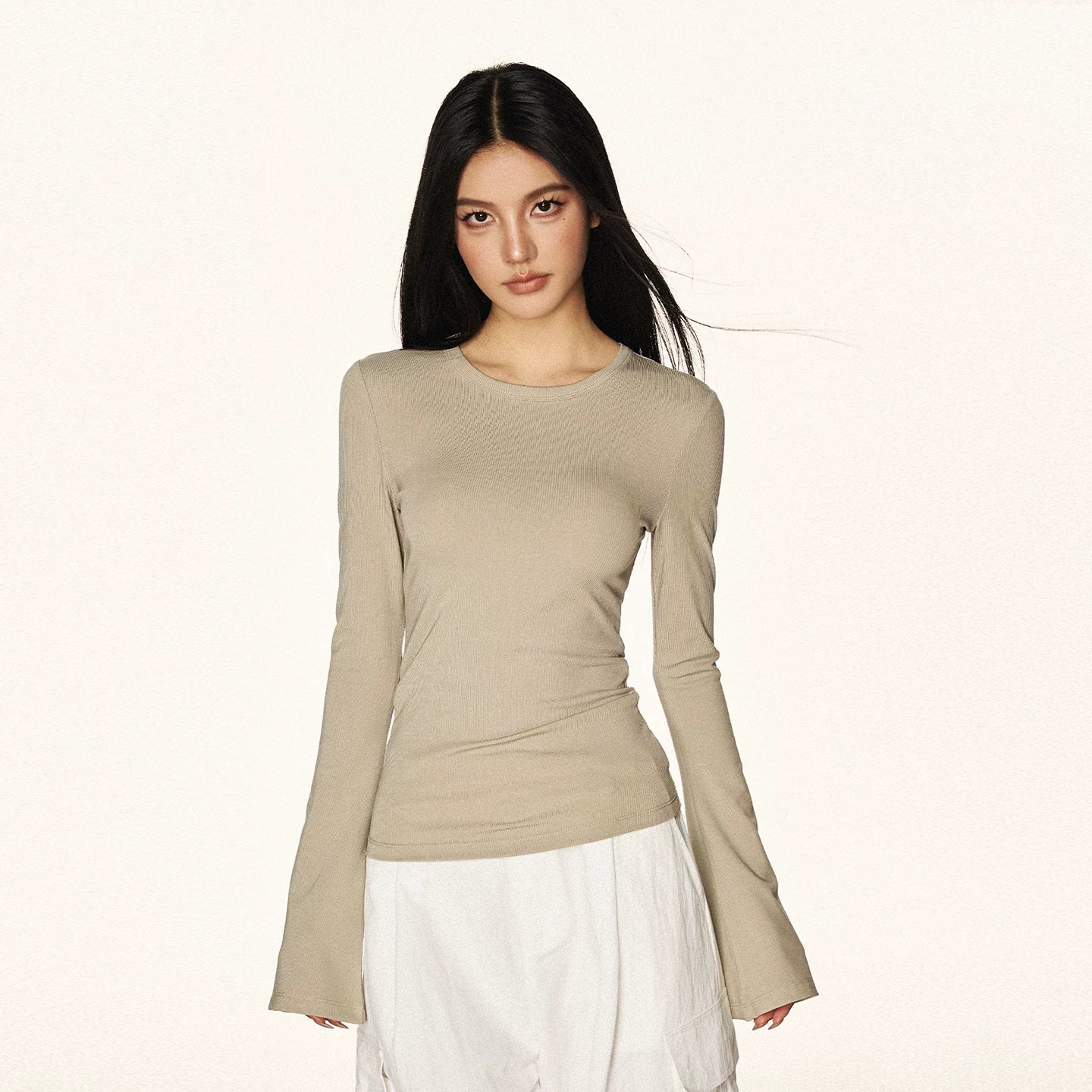 Cherry Melody Retro Tencel Horn Sleeve Slim Crew Neck Long Sleeve