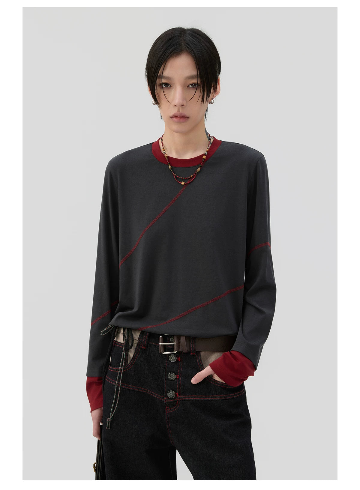 Sameuoo Fake Two Pieces Crew Neck Long Sleeve
