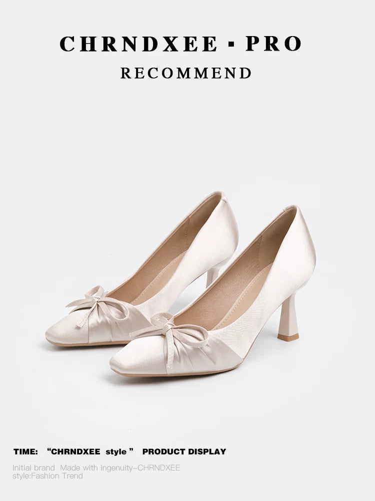 CHRNDXEE Satin Bow Square Head Light Mouth High Heels