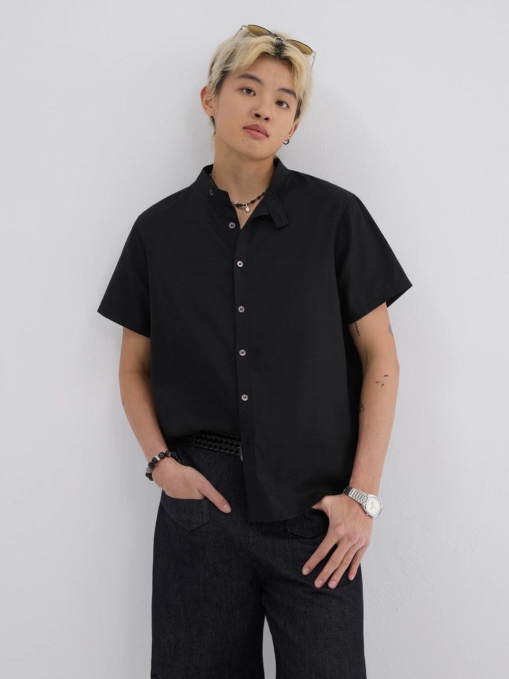 Sameuoo Stand-up Collar Linen Casual Shirt