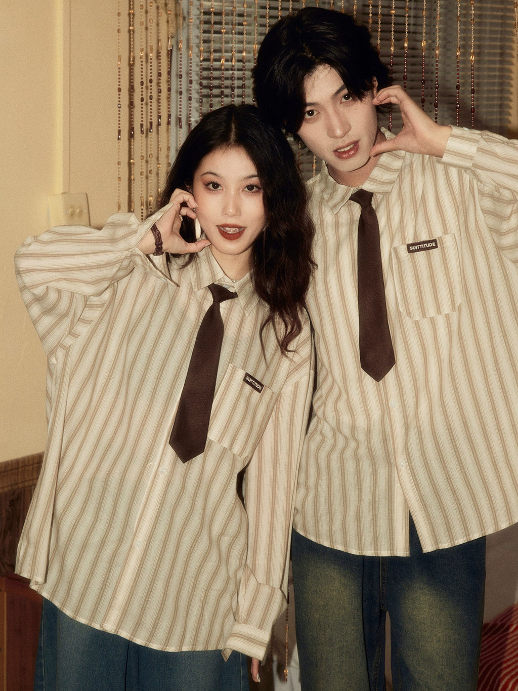 ALOHA Vintage Hong Kong Style Tie Long Sleeve Striped Shirt