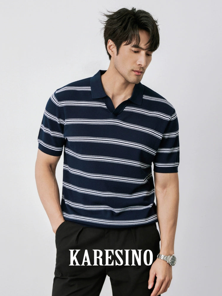 KARESINO Ice-silk Lapel-neck Striped Knitted Polo Shirt