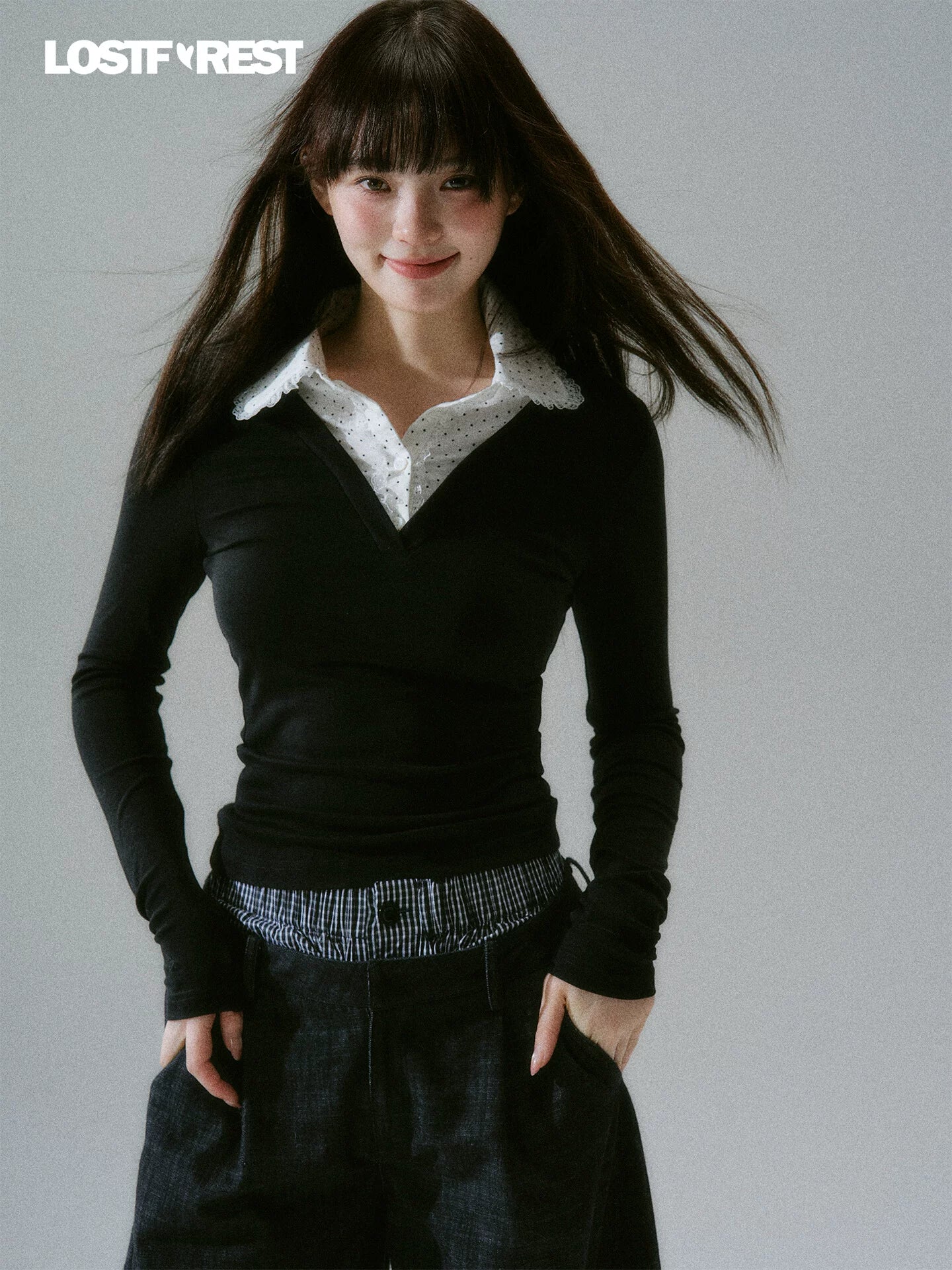 LOST FOREST Splicing Doll Crew Neck Lace Stretch Long Sleeve