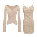 LLROGE Lace Dress Slim Long Sleeve Suit
