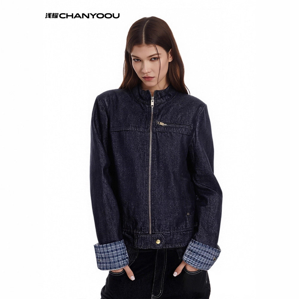 CHANYOOU Retro Stand-up Collar Contrasting Color Splicing Tooling Jacket