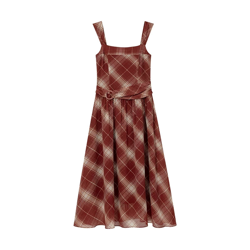 KANO Red Grid Suspender Belt Waist Dress