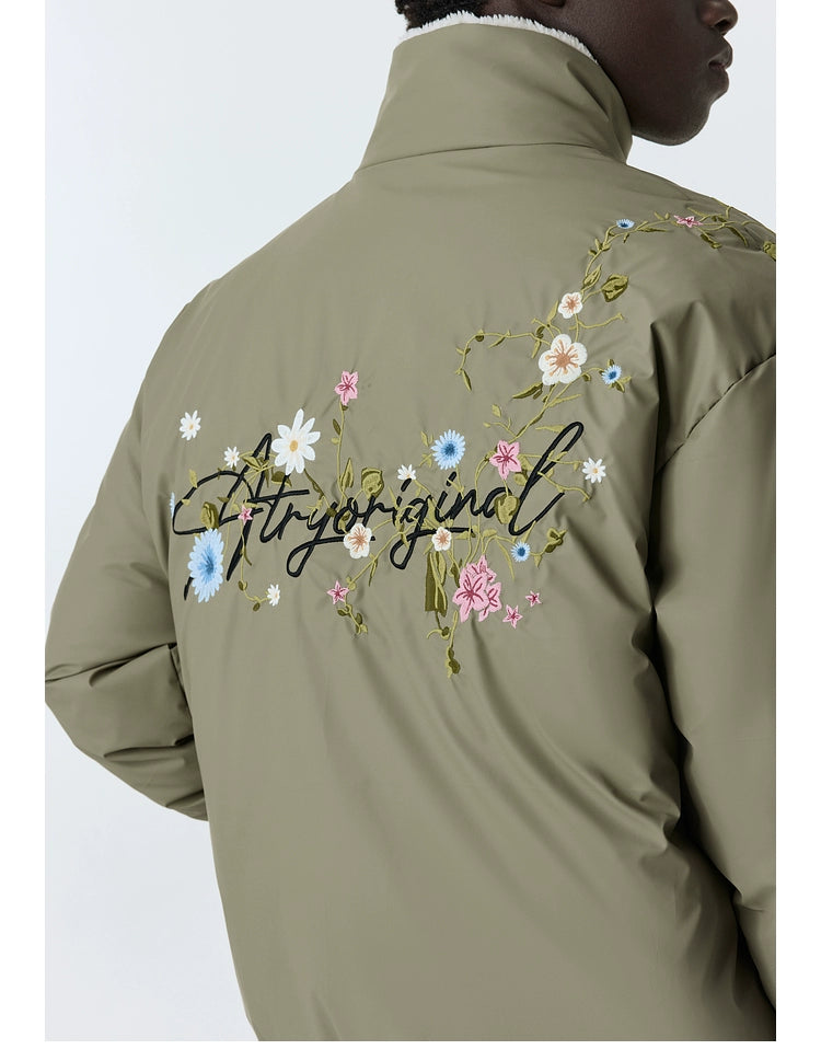 ATRY Embroidered Floral Fur Collar Lapel Thick Coat