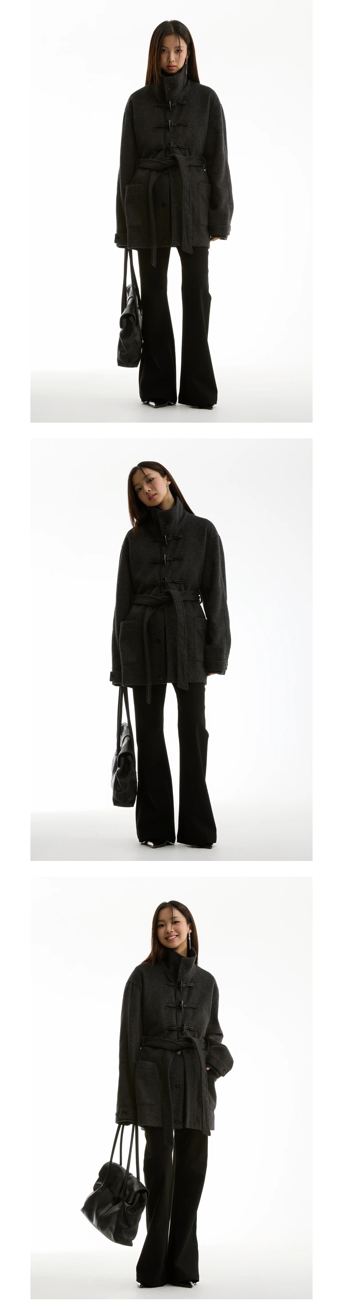 FUNKYFUN Horn Buckle Adjustable Belt Medium and Long Woolen Coat