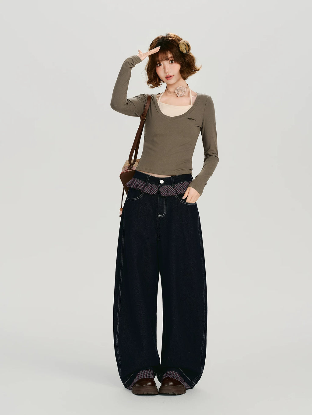 Girlyhalo Vintage Checked Lace Splicing Denim Scimitar Pants